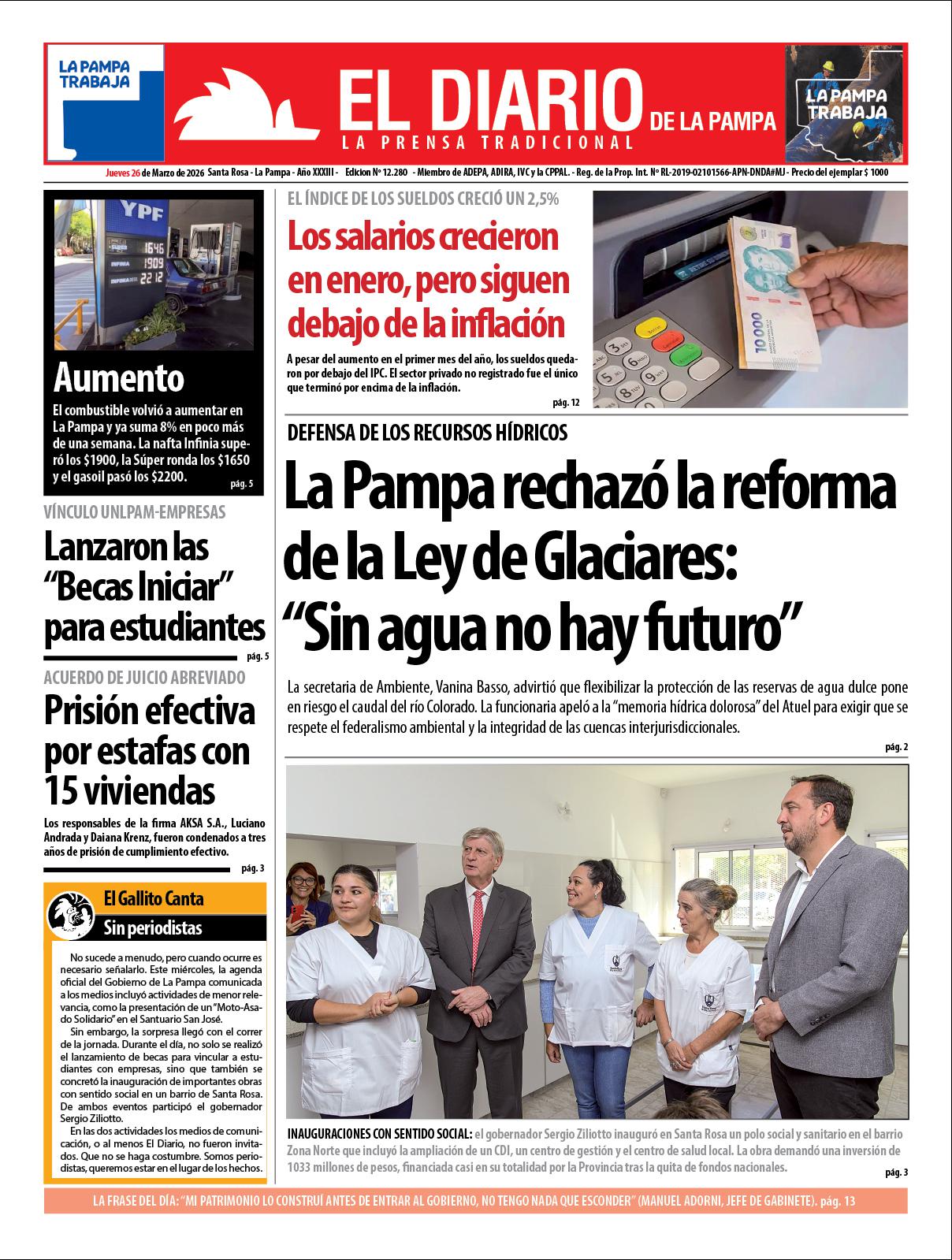Tapa de El Diario en papel  jueves 26 de marzo de 2026